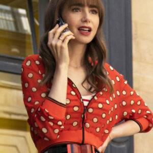 Emily In Paris Lily Collins Cropped Polka Dot Bomber Jacket