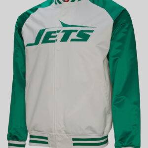 Mens New York Jets Mn White Legacy Sack Exchange Satin Full Snap Jacket