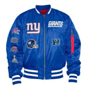 New York Giants Ma 1 Bomber Full Zip Royal Blue Satin Jacket