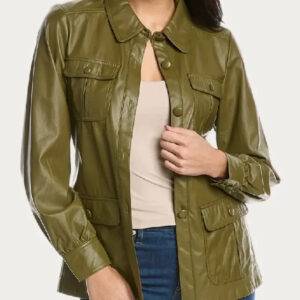 Womens Trina Turk Aviation Green Leather Jacket