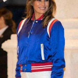 Melania Trump Leather Trimmed Bomber Blue Jacket