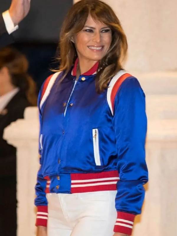 Melania Trump Leather-Trimmed Bomber Blue Jacket
