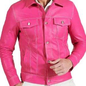 Men’s Shirt Style Hot Pink Leather Jacket